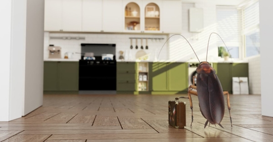 cockroach with suitcase moving into kitchen